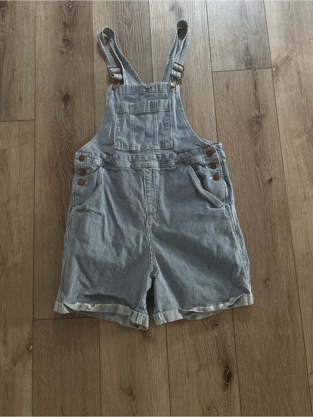 blue and white striped railroad denim overall shorts from Universal Thread
